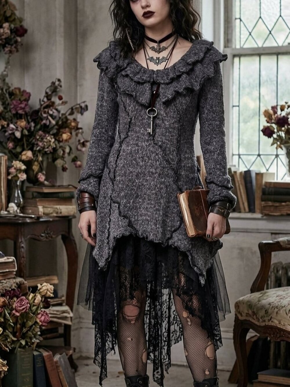 Casa Donna Grey Ruffle Knit Lagenlook Victorian Fairy Grunge Sweater Dress Small